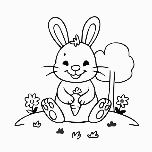 手に花を持ったウサギが草の上に座ってカラフルな本を描いています