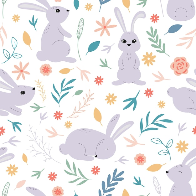 Bunny with flowers and herbs background cute baby print with rabbit hares flowers foliage and herbs