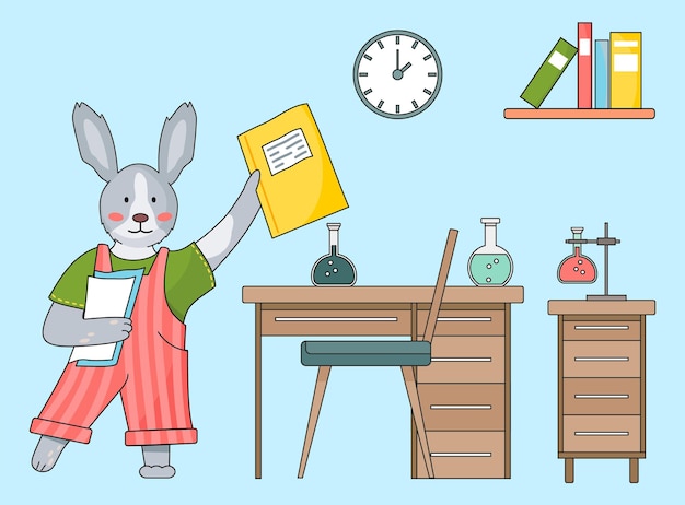Bunny with notebook papers in chemical cabinet chemistry lesson bulb flask with liquid at table
