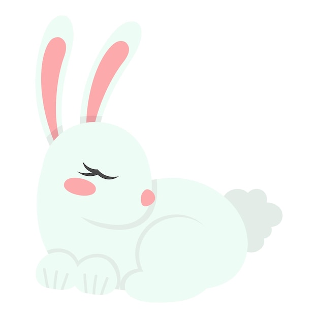 A bunny with a pink nose and eyes closed is sleeping in front of a white background.