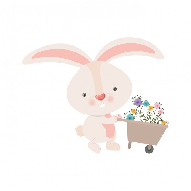 Vector bunny with wheelbarrow and flowers isolated icon
