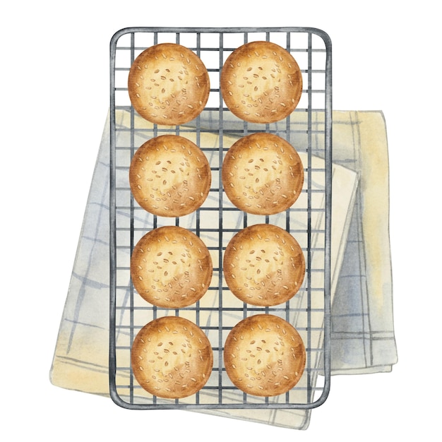 ベクトル オーブン焼き網とナプキンの上のバンズ新鮮な自家製パンの水彩イラスト
