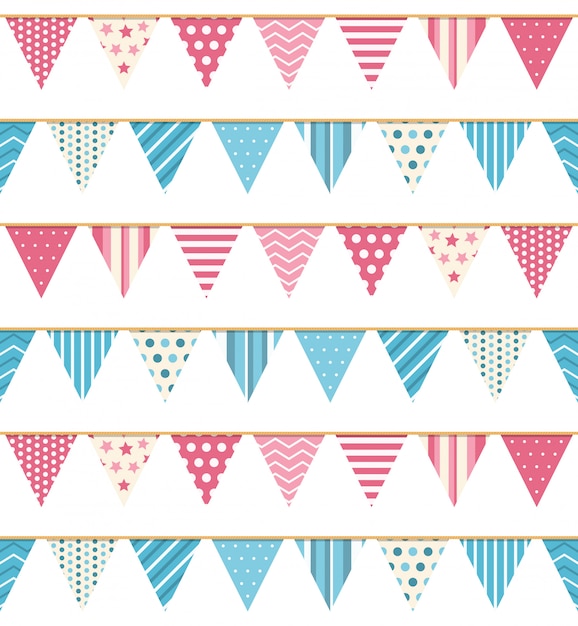 Vector bunting seamless pattern, bunting background, pink and blue bunting