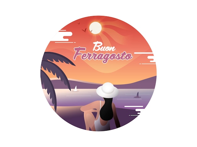 Buon Ferragosto Concept With Back View Of Modern Young Woman Sitting On Beach Side.