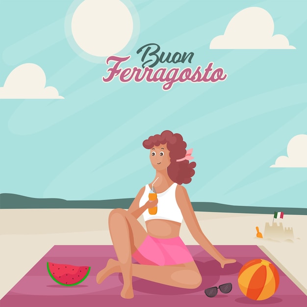 Концепция Buon Ferragosto с современной молодой женщиной, наслаждаясь напитками на пляже.