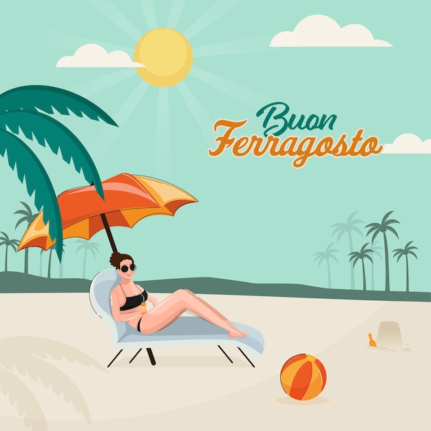 현대 젊은 여성과 함께 Buon Ferragosto 개념은 안락의자 측면 해변 전망에 앉아 있습니다.