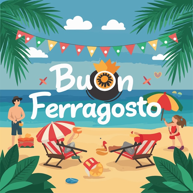 Buon Ferragosto イタリアのフェスティバル フラットベクトルイラスト