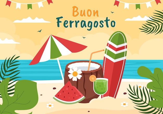 Buon Ferragosto Italian Summer Festival in Beach Cartoon Illustration