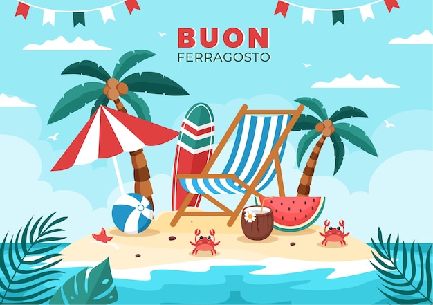 Buon ferragosto italian summer festival in beach cartoon illustration