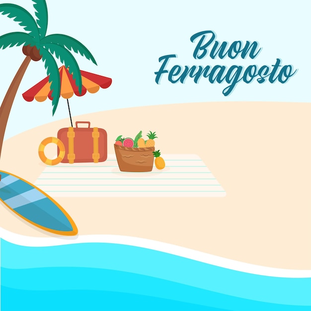 코코넛 나무 서핑 보드 서류 가방과 해변 쪽 배경에 과일 바구니와 Buon Ferragosto 포스터 디자인