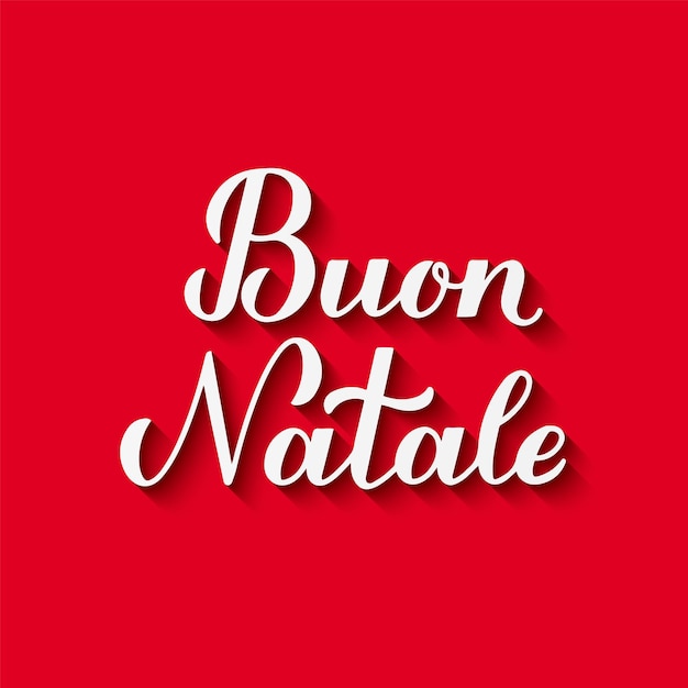 빨간색 배경에 그림자가 있는 Buon Natale 서예 핸드 레터링 이탈리아어로 된 메리 크리스마스 타이포그래피 포스터 인사말 카드 배너 전단지 초대 등을 위한 벡터 템플릿을 쉽게 편집할 수 있습니다.