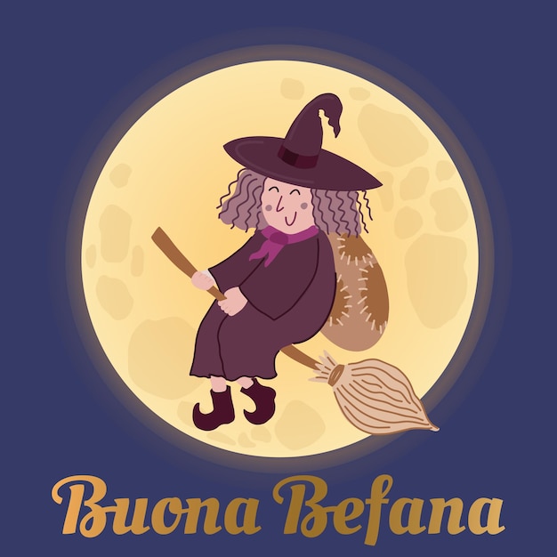 Vettore buona befana traduzione italiana buona befana simpatico personaggio strega tradizione natale epifania