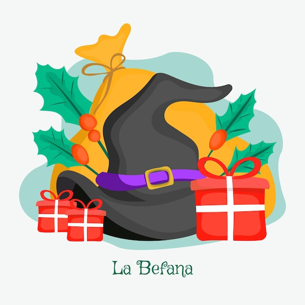 Buona befana векторная иллюстрация с шляпой ведьмы и подарком, рождественская традиция счастливого богоявления