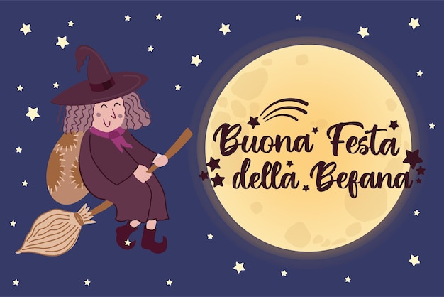 Vettore buona festa della befana traduzione in italiano lettering happy epiphany cartoon befana witch