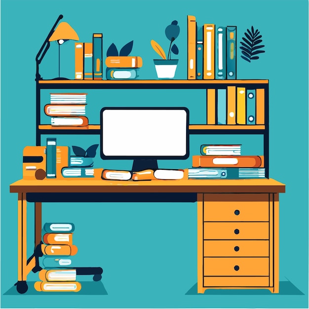 bureau en planken met stapel boeken vector illustratie