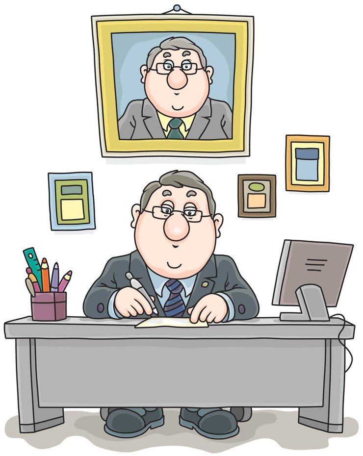 Bureaucrat in his office at table executing documents