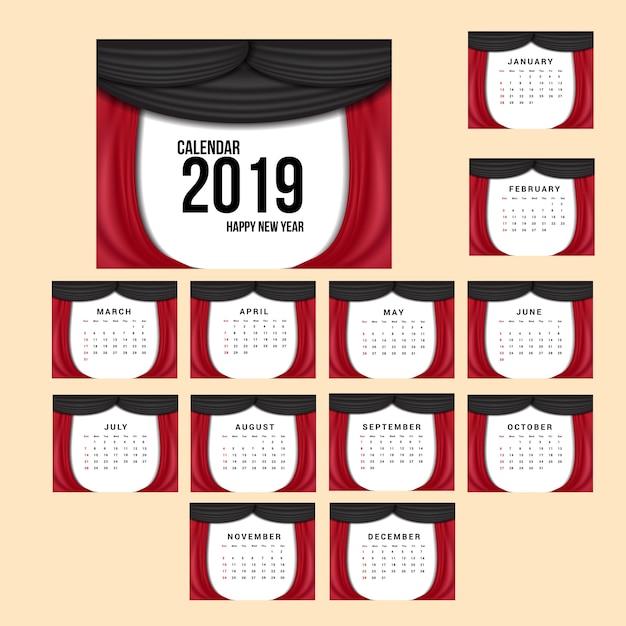 Vector bureaukalender 2018-sjabloon met rode en zwarte golf