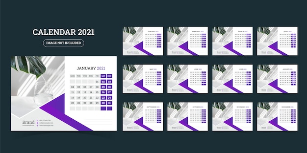 Bureaukalender 2021 ontwerpsjabloon set van 12 maanden, week begint maandag,