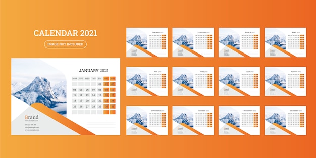 Bureaukalender 2021 ontwerpsjabloon Set van 12 maanden, Week begint maandag,