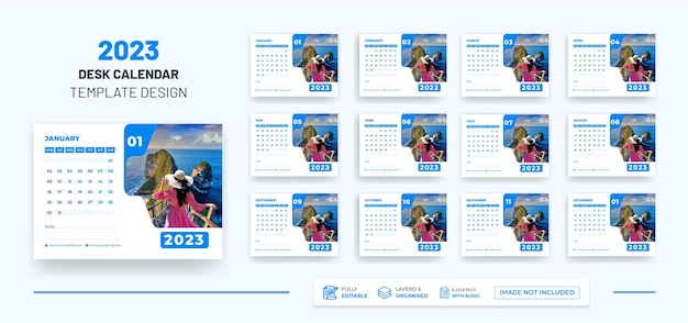 Bureaukalender 2023 of maandelijks & wekelijks schema nieuwjaarskalender 2023 ontwerpsjabloon.