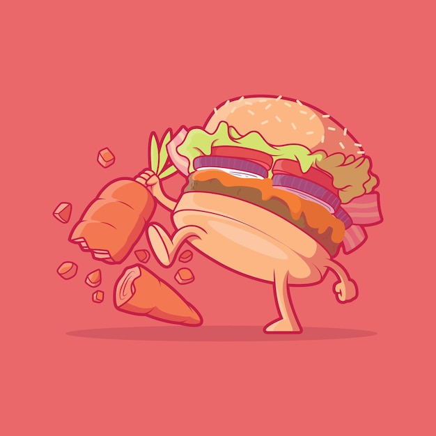 Burger Character breaking a carrot vector illustration Food nutrition funny design concept