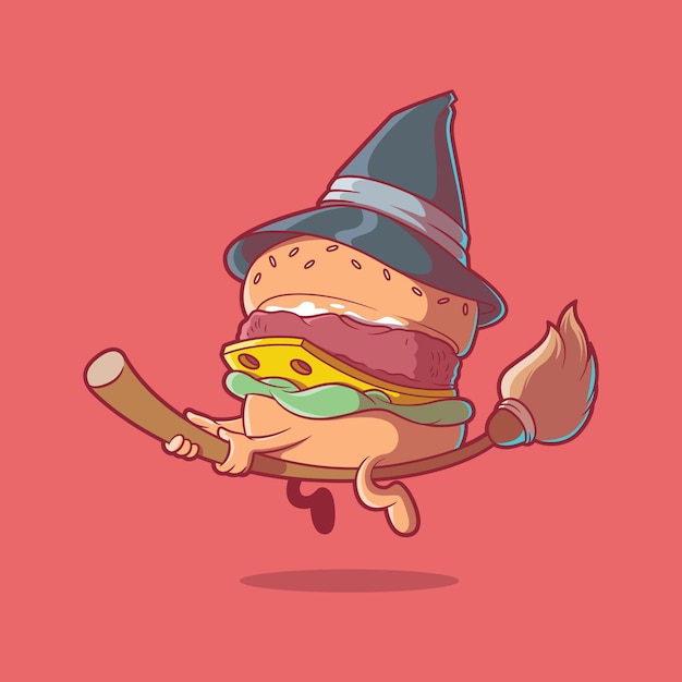 Vector burger character flying on a broom vector illustration. food, scary, funny design concept.