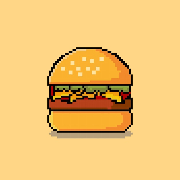 Burger character pixel art on yellow banner background