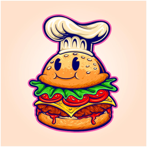 Burger chef food cartoon character logo mascot illustrations