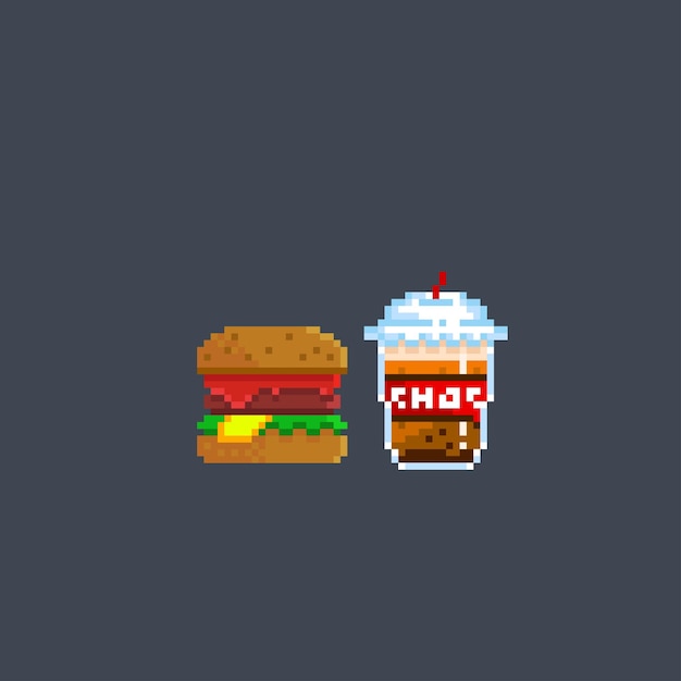 burger and chocolate drink in pixel art style