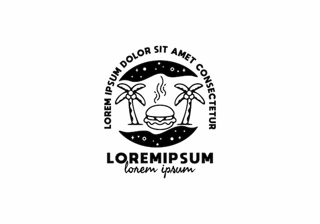 lorem ipsum 텍스트가 있는 버거와 코코넛 나무 라인 아트 그림