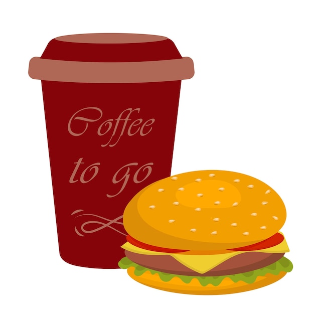 Burger and cup of coffee cute cartoon colored picture Graphic design elements for menu poster brochure Vector illustration of fast food for bistro snackbar cafe or restaurant