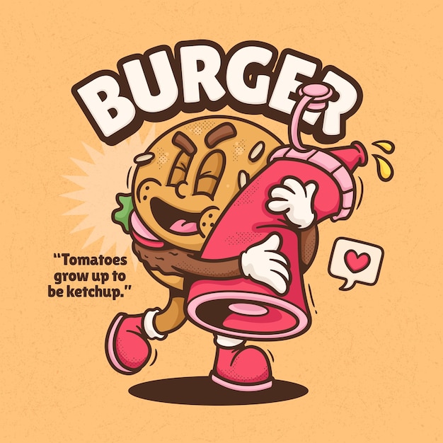 Burger Cute Trendy Retro Cartoon Vector Hand Drawn