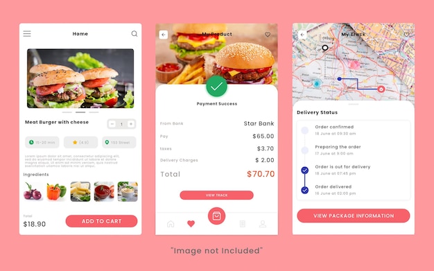 Schermate di progettazione dell'app mobile ui ux per la consegna di hamburger con i dettagli dell'ordine e il monitoraggio della consegna.