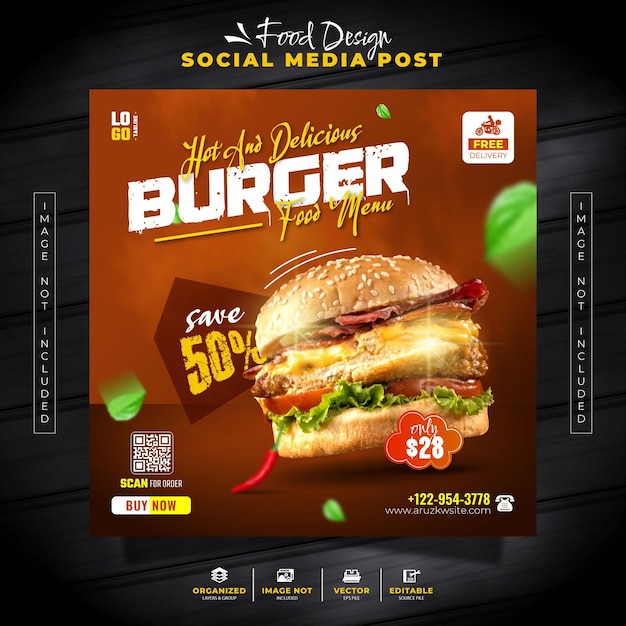 Vettore schema di banner per la promozione del menu del burger sui social media