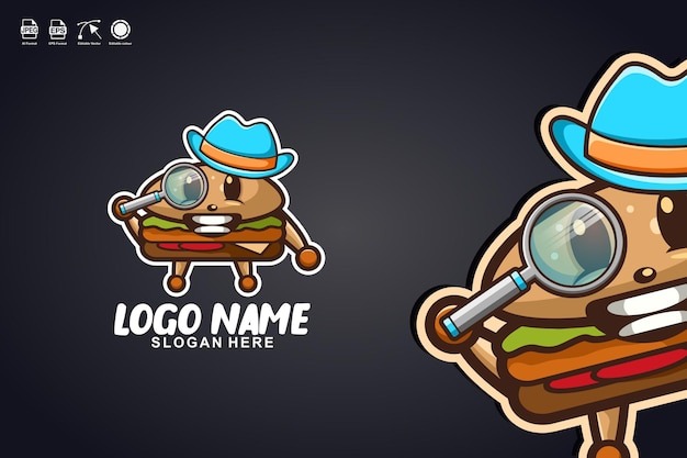 Burger detective cute mascot character logo design