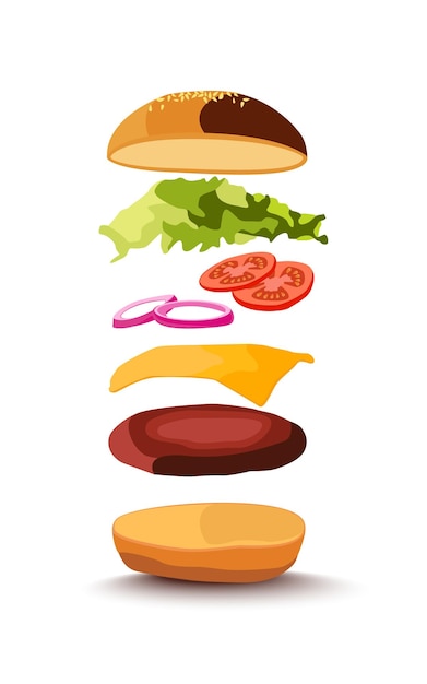 Vector burger element flying fast food vector illustration design art drawing element