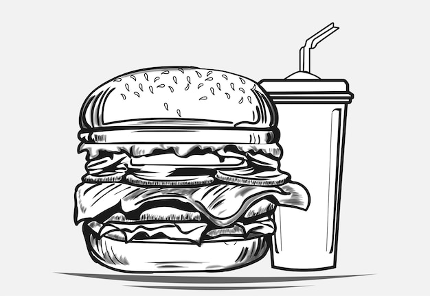 Vector burger en coke line art