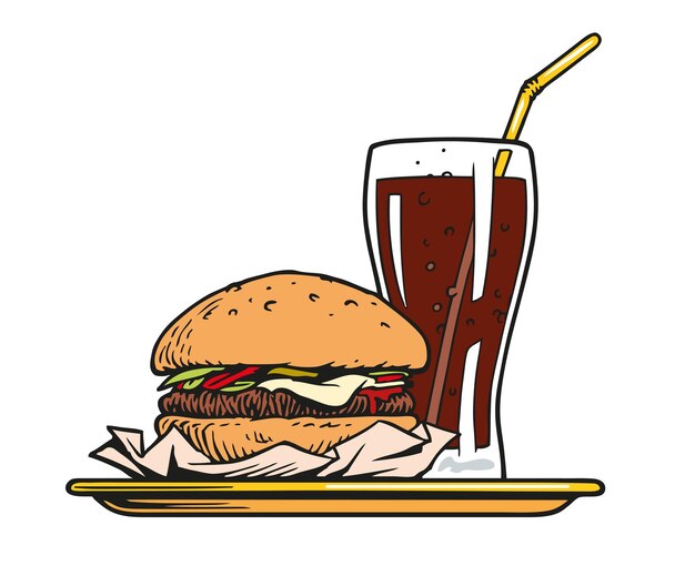 Vector burger en frisdrank kop hamburger of cheeseburger menu geïsoleerd op witte achtergrond vector illustratie