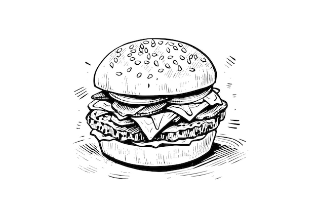 Burger engraving style art Hand drawn vector illustration of hamburger