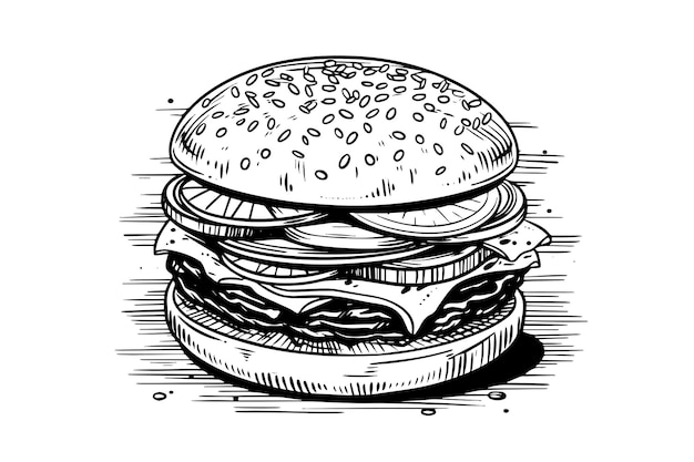 Arte stile incisione hamburger illustrazione vettoriale disegnata a mano dell'hamburger