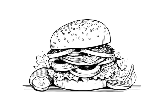 Burger engraving style art Hand drawn vector illustration of hamburger