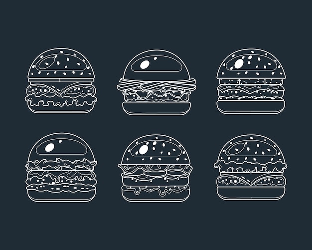 Hamburger, icone di fast food in stile lyne. illustrazione di cibo vettoriale.