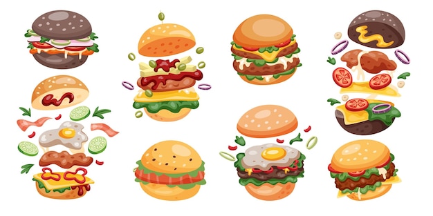 ハンバーガー・ファストフード ハンバーガーの成分 チーズバーガー 飛ぶ 落ちる チキンパンと野菜 チーズと肉 アメリカンサンドイッチセット メニュー装飾 ベクトルアニメ 整ったレストラン