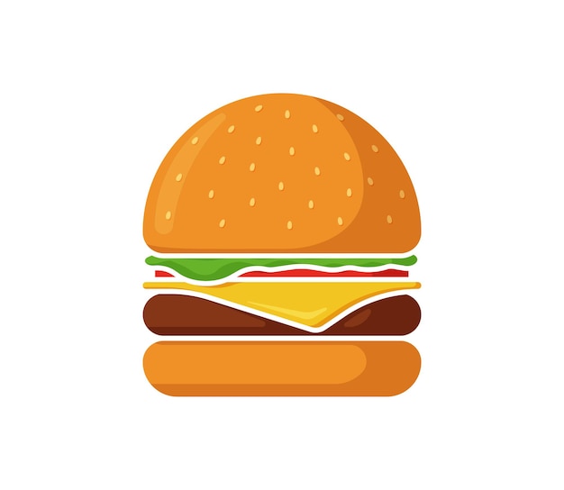 Vector burger fast food isolated icon hamburger with tomato bow greens juicy fried beef cutlet cheese slice