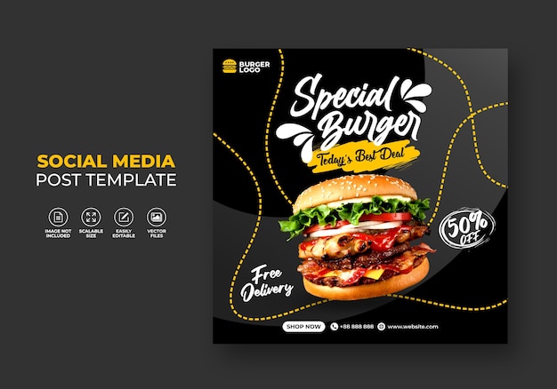 Burger fast food restaurant promotion for social media template.