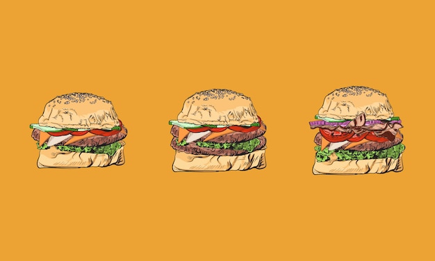 Vettore burger. fast food set. disegnati a mano elementi colorati. collezione di snack. cibo spazzatura.