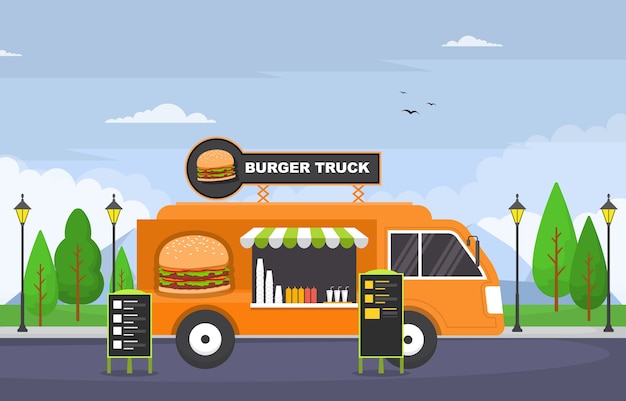 Vector burger fast food truck van car vehicle street shop illustration