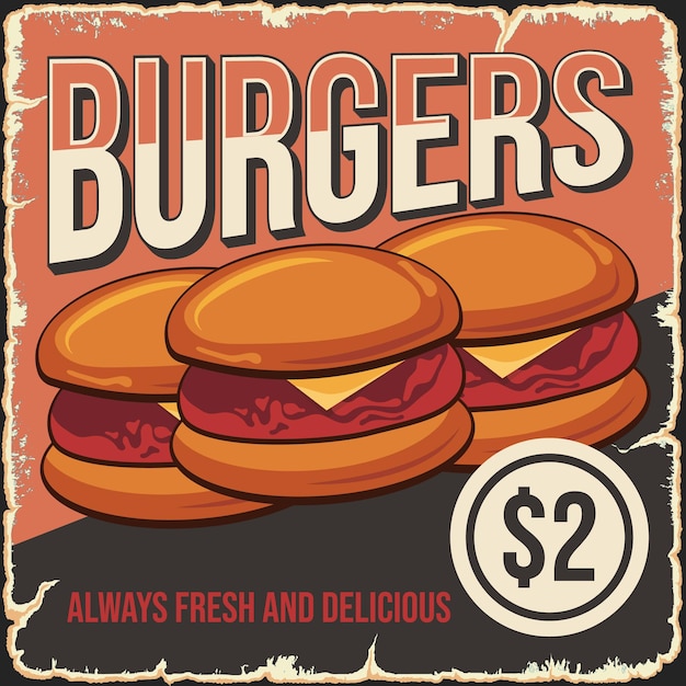 Burger fastfood vintage metal sign retro poster vector template