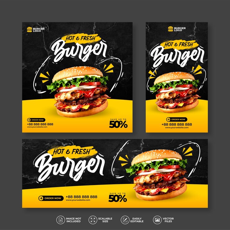 Vector burger food menu and delicious best restaurant banner bundle set for social media 帖子和故事 模板 矢量模板 社交媒體 媒體 社交媒体 社交媒體