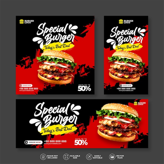 Burger food menu delizioso ristorante banner bundle set per i social media post e modello di storia modello vettoriale